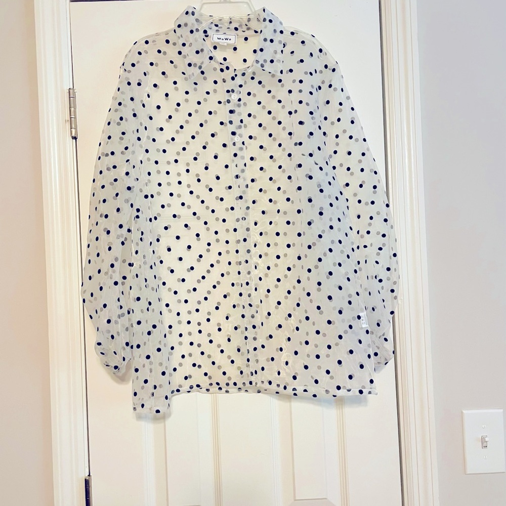 White Sheer Blouse wit Black Polka Dots
